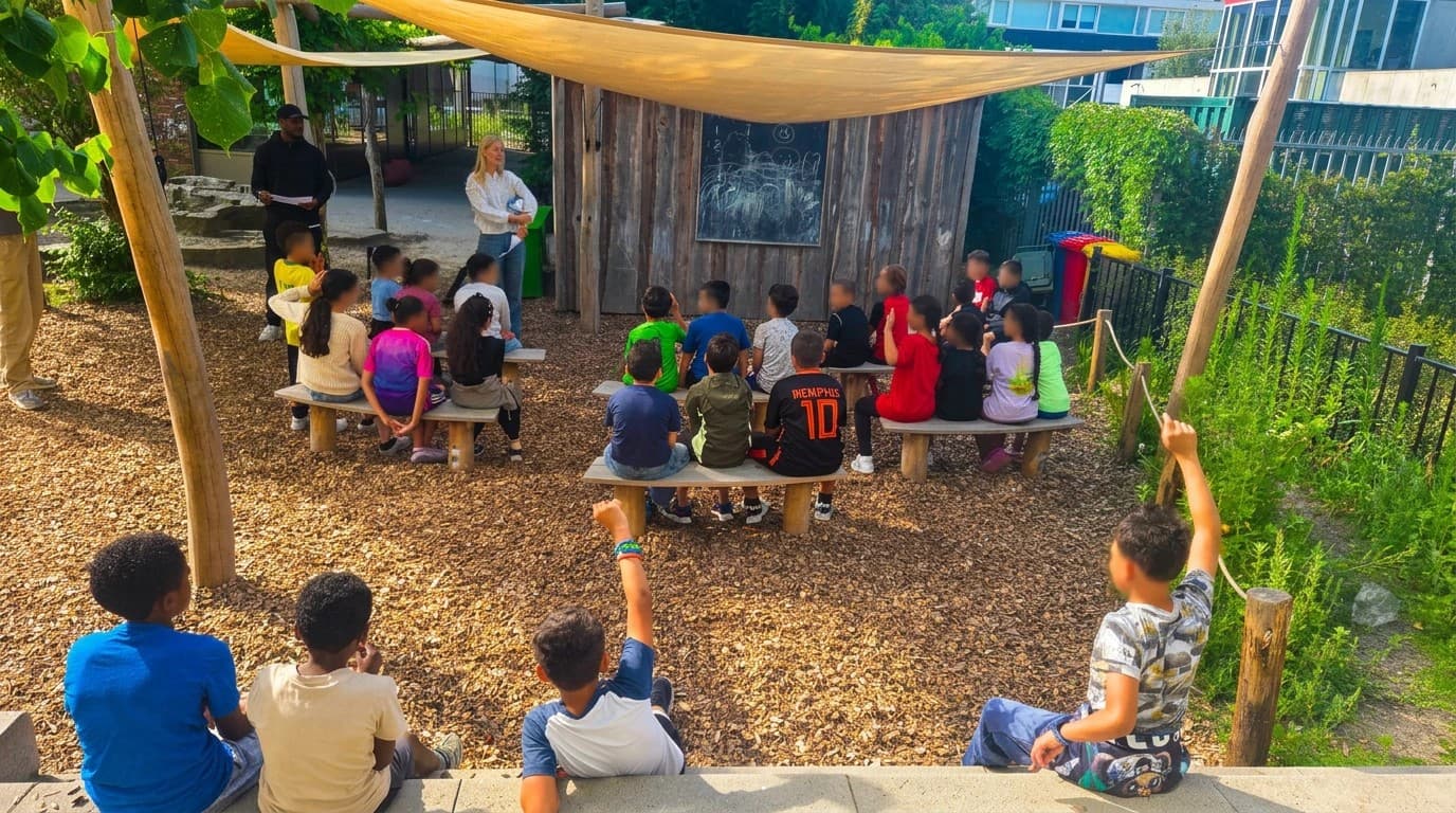 Kringgesprek op het schoolplein van IKC Het Talent, de eerste dag van het zomerkamp